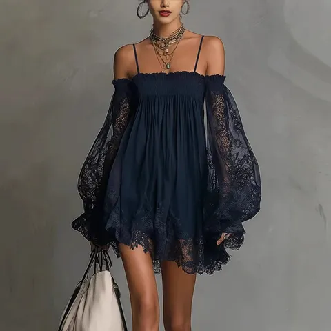 Vestido Cami Sexy con Hombros Descubiertos de Encaje Transparente de Manga Larga para Mujer Vestido Mini Fruncido de Color Sólido para Fiesta Clubwear