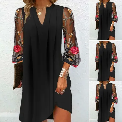 Vrouwen Elegante V-Hals Lange Mouw Doorschijnend Floral Patchwork Geplisseerd Jurk Zomer Mesh Mouw Patchwork Midi Jurk