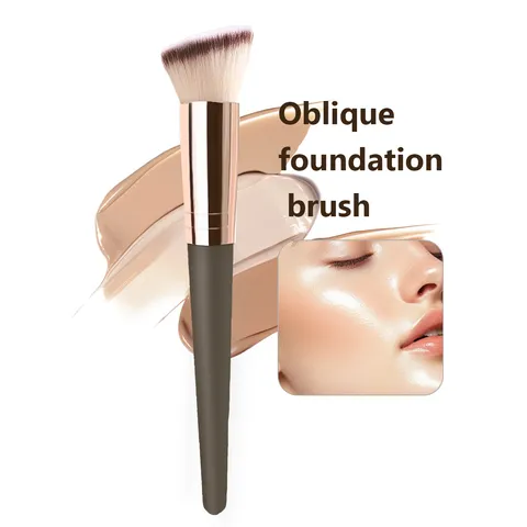 Oblique Foundation Brush For Liquid Makeup Blush Contour Tool Synthetic Fiber Portable Plastic Handle Rose Gold Single Brush