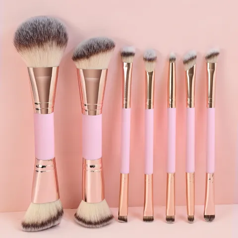 Professional Dual Ended Makeup Brush Set Pink Handle Rose Gold Tube Synthetic Fiber Foundation Blush Eyeshadow Blending Beauty Tools