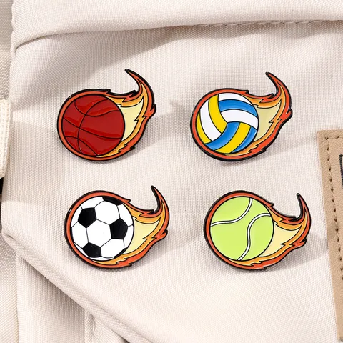Cartoon Sports Series Alloy Enamel Brooch Badge Flaming Football Basketball Volleyball Tennis Shaped Pin For Clothing Backpack Decoration Unisex Jewelry Gift