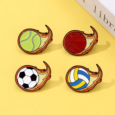 Cartoon Sports Series Alloy Enamel Brooch Badge Flaming Football Basketball Volleyball Tennis Shaped Pin For Clothing Backpack Decoration Unisex Jewelry Gift