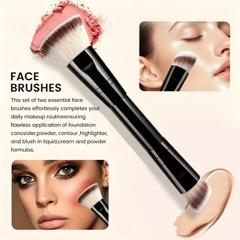 Dual-Ended Foundation Brush And Angled Blush Brush Synthetic Fiber Plastic Handle Face Makeup Tool For Daily Cosmetics