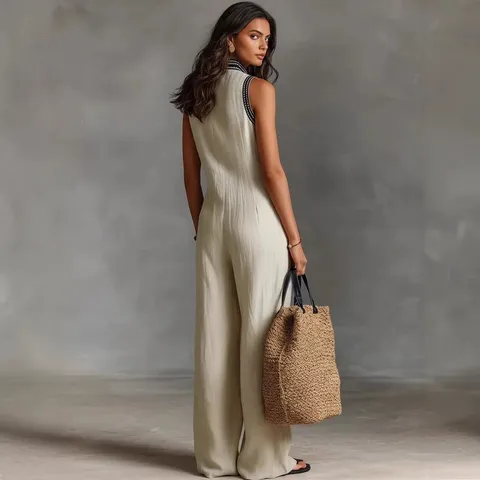 Women's Casual Linen Blend Sleeveless Jumpsuit Stand Collar Front Zipper Embroidery Wide Leg Long Pant One Piece Romper