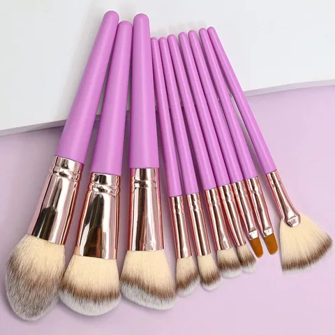 10Pcs Purple Makeup Brush Set With Soft Synthetic Fiber Bristles Wood Handle Powder Blush Eye Detail Brush Beauty Tools