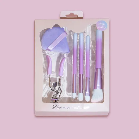 Purple Gradient Makeup Brush Set With Eyelash Curler And Beauty Sponge Professional Synthetic Fiber Brushes Cosmetic Kit