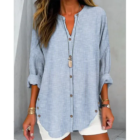Chemise Rayée Décontractée à Manches Longues et Col V pour Femmes Mode Automne Coupe Regular Bureau Polyester Blouse Tops