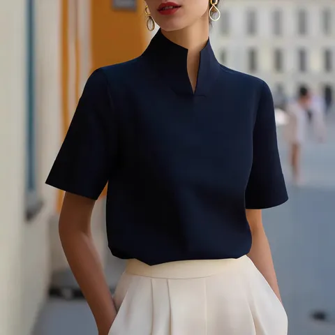 Camicia a Manica Corta con Collo alla Coreana Stile Cinese Estivo da Donna Elegante Commuting Tinta Unita Casual Top