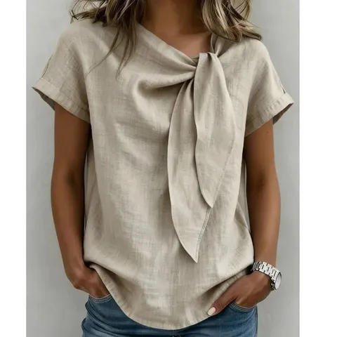 Maglietta Casual in Poliestere da Donna Manica Corta Scollo Asimmetrico Spalla Scesa Tinta Unita Top Base Estivo