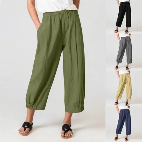 Dames Casual Hoge Taille Linnenmix Harembroek Losse Enkelbroek met Zakken Elastische Taille Mode Broek