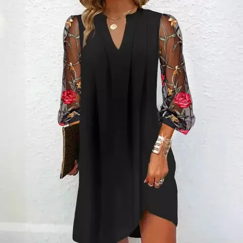 Vrouwen Elegante V-Hals Lange Mouw Doorschijnend Floral Patchwork Geplisseerd Jurk Zomer Mesh Mouw Patchwork Midi Jurk