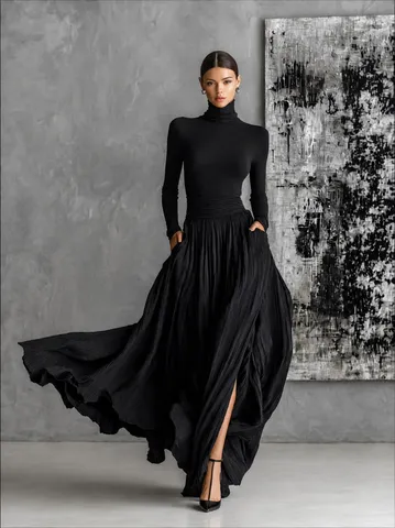 French Retro Elegant Slim Fit Knit Long Sleeve Top And Pleated Long Skirt Suit Women Casual Commuter Two Piece Set