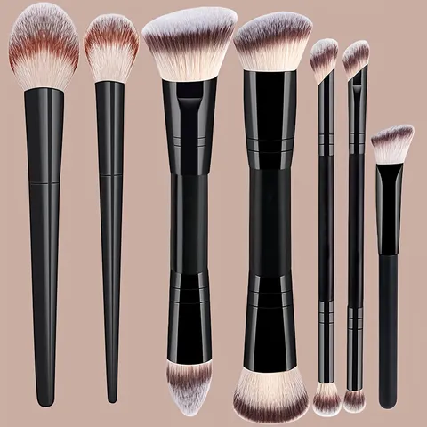 Professional Double Ended Makeup Brush Set Soft Synthetic Fiber Bristles Face Contour Powder Eyeshadow Blending Brushes Portable Beauty Tools Black Handle