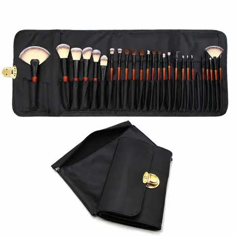 Premium Makeup Brush Set With Horse Hair Faux Mahogany Wooden Handle Professional Cosmetic Brushes With PU Leather Storage Bag For Women