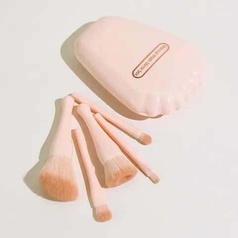 Shell Shape Makeup Brushes With Mirror Case Portable Travel Beauty Tool Collection Soft Synthetic Hair Pink Cosmetic Applicator