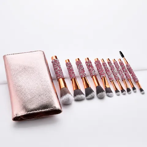 Glitter Rhinestone Makeup Brush Set Artificial Fiber Synthetic Hair Wooden Handle Rose Gold Ferrule Powder Eye Shadow Blending Brush Pack With Leather Bag Cosmetics Tool Kit