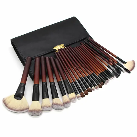 Premium Makeup Brush Set With Horse Hair Faux Mahogany Wooden Handle Professional Cosmetic Brushes With PU Leather Storage Bag For Women