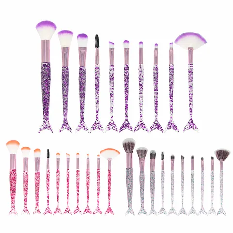 Juego de Brochas de Maquillaje Cola de Sirena Cerdas de Fibra Sintética Lentejuelas de Brillo Mango de Plástico Juego de Brochas Cosméticas Polvo Sombra de Ojos