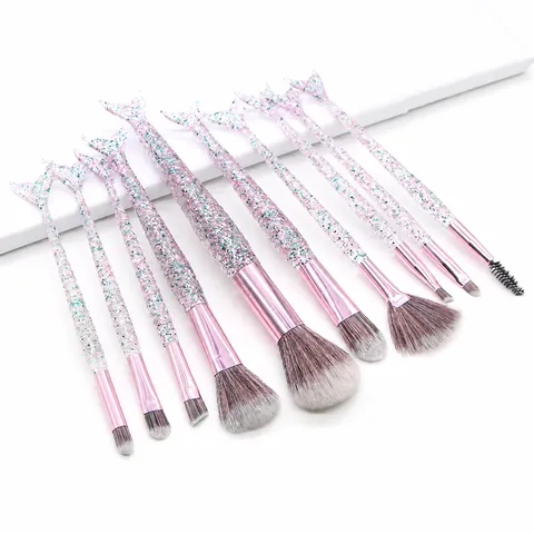 Juego de Brochas de Maquillaje Cola de Sirena Cerdas de Fibra Sintética Lentejuelas de Brillo Mango de Plástico Juego de Brochas Cosméticas Polvo Sombra de Ojos