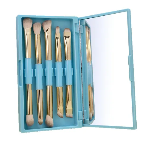Portable Dual Ended Makeup Brush Set Synthetic Fiber Plastic Handle Eyeshadow Blending Contour Brushes with Mirror Storage Case for Travel Daily