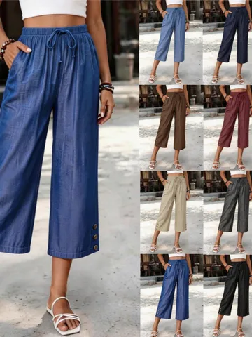 Pantalón Capri Casual de Denim Tencel para Mujer Corte Holgado Cordón Tiro Medio Bolsillos Verano Recto