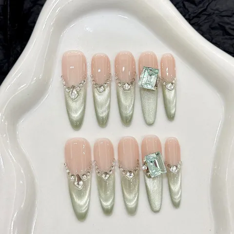 Handgefertigte Press On Nails Luxus Katzenauge Lange Stiletto Falsche Nägel Mit Strass Künstliche Perle Sternmuster Damen Maniküre