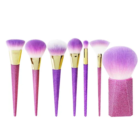 7 Pcs Professional Purple Gradient Makeup Brush Set With Glitter Frosted Handle Synthetic Fiber Powder Eyeshadow Beauty Tools