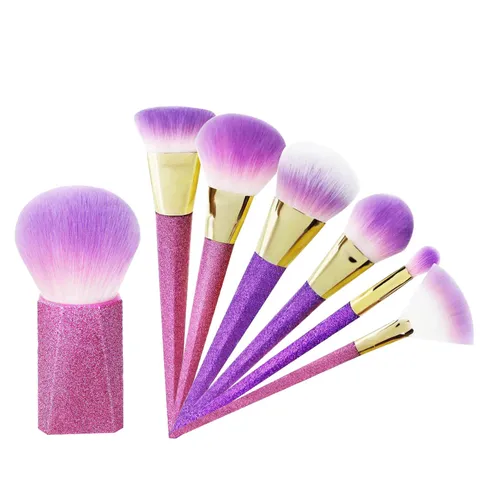 7 Pcs Professional Purple Gradient Makeup Brush Set With Glitter Frosted Handle Synthetic Fiber Powder Eyeshadow Beauty Tools