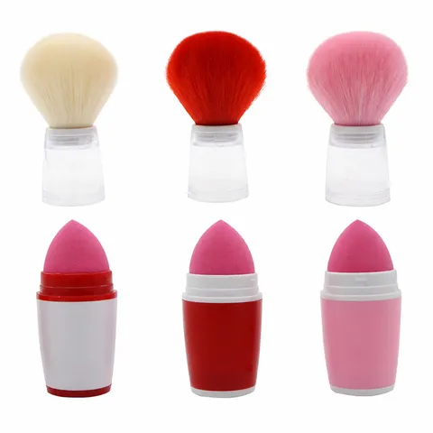 Professional Portable Dual Purpose Makeup Brush With Sponge Powder Puff Synthetic Fiber Bristles Plastic Handle Beauty Tool For Blush Powder
