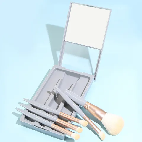 Kit de Pinceaux de Maquillage Portable Avec Miroir Boîte de Rangement Polyvalente Mini Pinceaux de Voyage Femmes Bleu Ciel