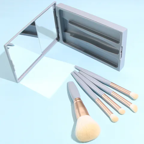 Kit de Pinceaux de Maquillage Portable Avec Miroir Boîte de Rangement Polyvalente Mini Pinceaux de Voyage Femmes Bleu Ciel