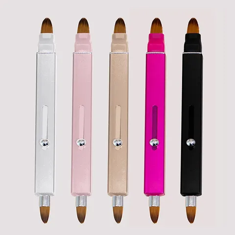 Professional Double-Headed Telescopic Lip Brush Metal Shell Rhinestone Makeup Brush Multi-Functional Portable Lipstick Eyeliner Concealer Smudge Brush for Women Daily Travel Beauty Tool
