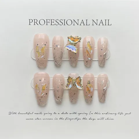 Unghie Finte Fatte a Mano Rosa Nude Coffin Unghie Finte 3D Farfalla Girevole Strass Glitter Acrilico Unghie Finte
