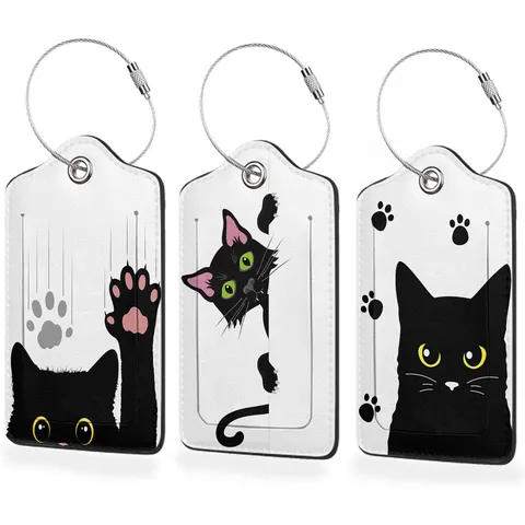 Fashion Cartoon Cat Print Plastic Luggage Tag Suitcase Travel ID Card Holder With Stainless Steel Loop Privacy Cover For Women Men