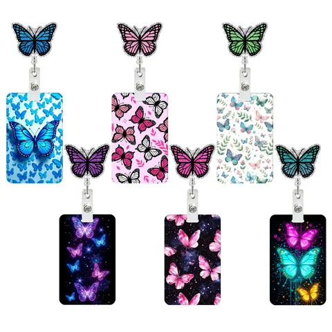 Butterfly Retractable Badge Holder With ID Card Sleeve ABS UV Printed Glitter Nurse Badge Reel Alligator Clip Office Accessories