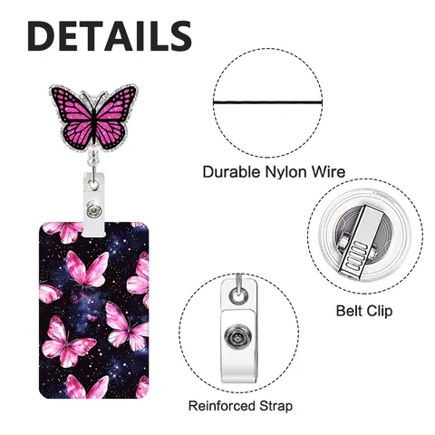 Butterfly Retractable Badge Holder With ID Card Sleeve ABS UV Printed Glitter Nurse Badge Reel Alligator Clip Office Accessories