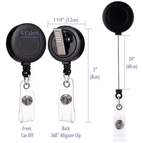 Retractable Badge Reel Holder With Alligator Clip Rotating Back Clamp Extension Cord Round Plastic Pocket ID Card Holder Keyring Office Supplies Black White Clear