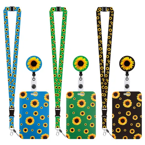 Sunflower Retractable Badge Reel Set ID Card Holder Lanyard For Office School Work ABS Plastic Floral Print Card Cover Lanyard Accessory