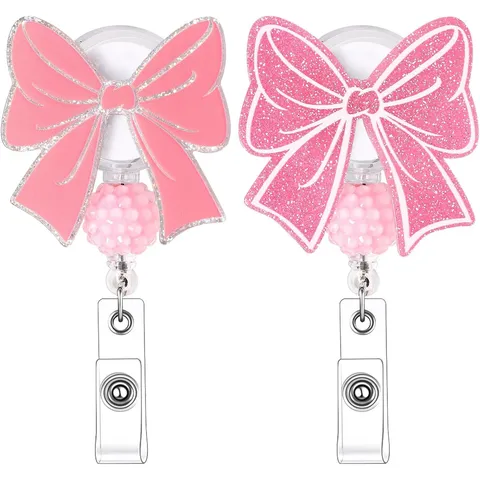 Retractable Pink Bow Badge Reel For Nurses Acrylic Glitter Beaded ID Name Card Holder With Swivel Alligator Clip Office Supplies