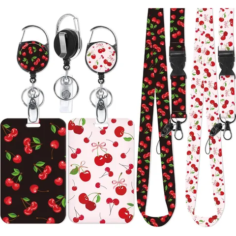 Cherry Print ID Badge Holder Retractable Badge Reel Polyester Lanyard Set Sliding Card Holder Office School Supplies For Women