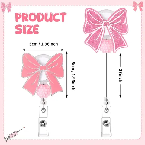 Retractable Pink Bow Badge Reel For Nurses Acrylic Glitter Beaded ID Name Card Holder With Swivel Alligator Clip Office Supplies