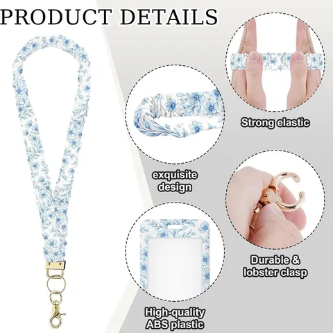 Modern Elastisch Scrunchie Schlüsselband Kartenhalter Set Stoff Blumenmuster Schlüsselanhänger Ausweis Halter Büro Schule Zubehör