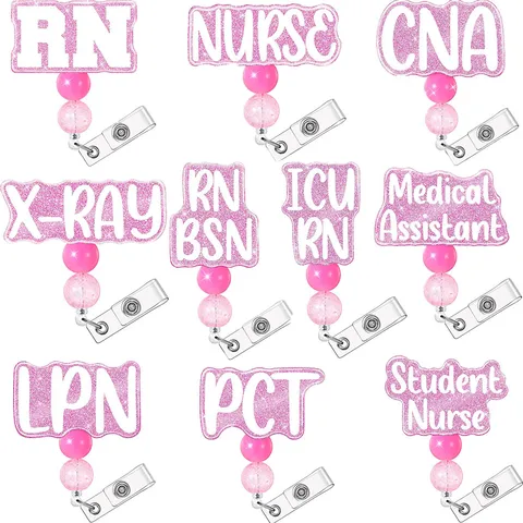 Ausziehbarer Rosa Glitzer Krankenschwester Ausweishalter Perlen Medizinische ID Clip Für CNA RN LPN PCT Röntgen Student Personal Geschenk
