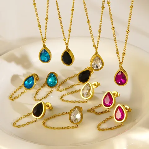 Stainless Steel Teardrop Chain Earrings Necklace Set Light Luxury 18K Gold Plated Geometric Pendant Rhinestone Jewelry For Women