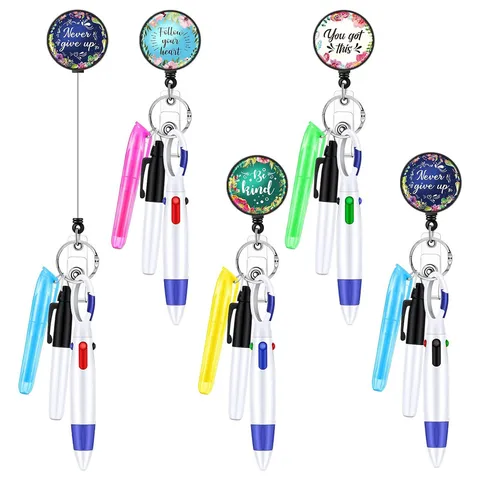 Retractable Badge Reel Nurse Pen Combo Set Floral Epoxy Slogan ID Card Badge Holder Clip Multicolor Multi Function Stationery Set For Medical Staff Office Supplies Gift