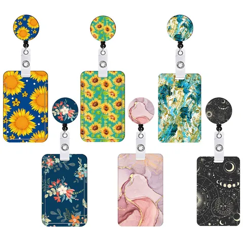 Blumen Marmor Druck Lanyard Mit Einziehbarer Ausweisrolle Und ID Kartenhalter Set Dekorativer Schlüsselanhänger Für Büro Schulbedarf