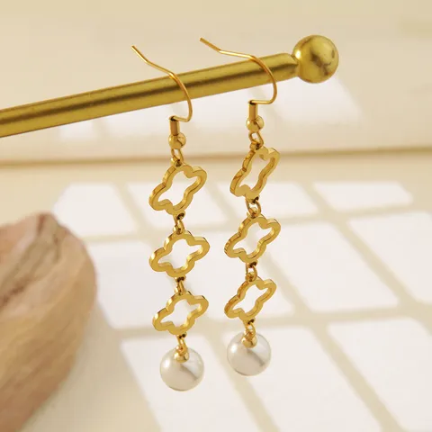 Pendientes Colgantes de Acero Inoxidable 304 Trébol Perla Artificial Chapado en Oro de 18K Pendientes con Borla de Perla para Mujer Joyería de Moda
