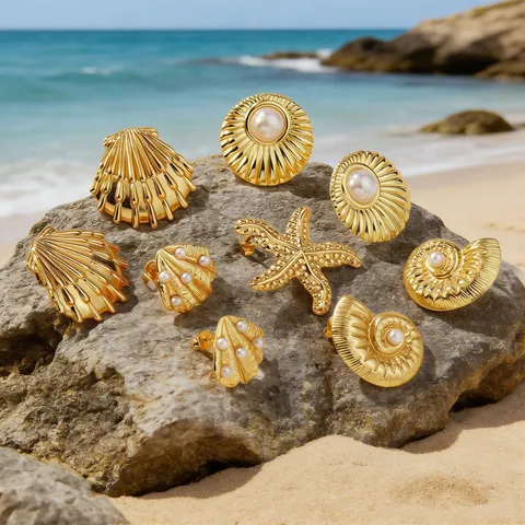 Stainless Steel Ocean Series Earrings For Women Gold Plated Starfish Shell Conch Seashell Stud Earrings Vacation Jewelry