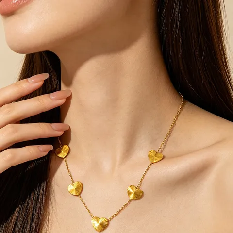 Stainless Steel Heart Jewelry Set Gold Silver Plated Sunray Pattern Heart Pendant Necklace Earrings Ring Bracelet For Women Jewelry