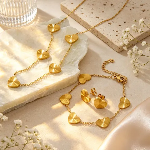 Stainless Steel Heart Jewelry Set Gold Silver Plated Sunray Pattern Heart Pendant Necklace Earrings Ring Bracelet For Women Jewelry